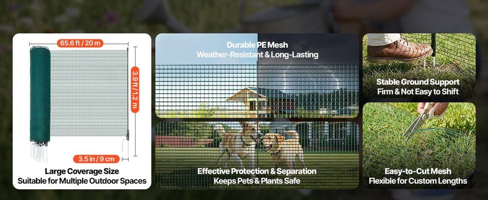 VEVOR Temporäres Zaun mit Pfosten, 0,9 x 50 m Kunststoffnetz-Zaun, Gartensicherheitszaun mit Doppelspitzpfählen & Abspannseilen, Temporärer Zaun für Hunde, Hühner, Pflanzen, Außenbereiche, 20x1.2 m