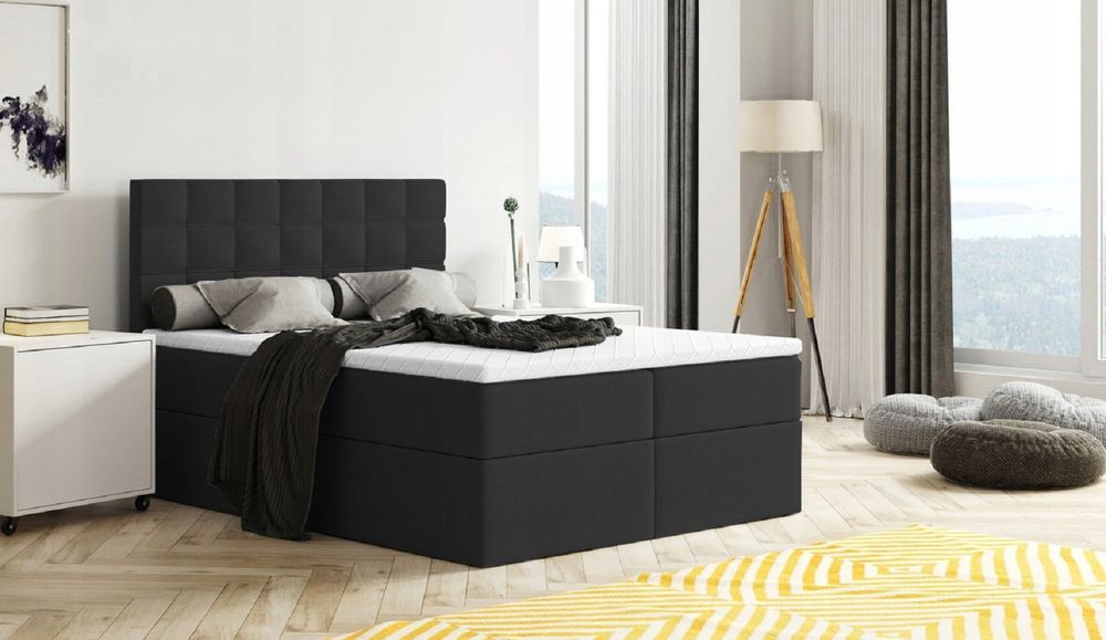 Bett, Boxspringbett MERA mit Bettkästen und T25 Topper, Doppelbett, Stauraum, Schlafzimmer, Polsterbett, Bettgestell (160x200, Schwarz - Aura 18)