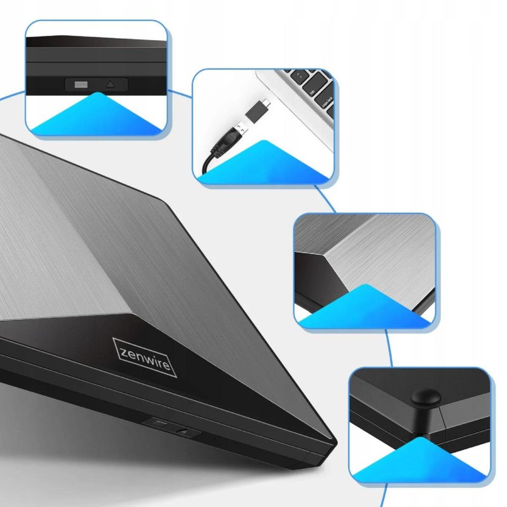 Zewnętrzny napęd DVD-CD-RW - USB 3.0 i USB-C 3.1 - nagrywarka 2 w 1 - aluminium - do laptopa - Plug and Play