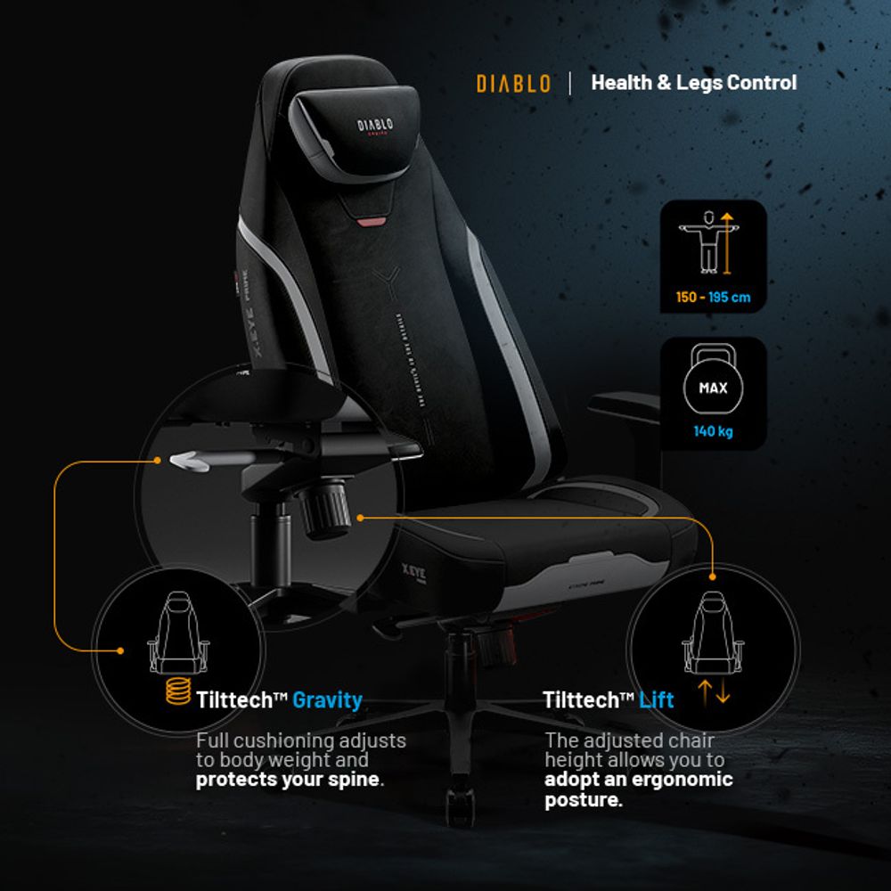 Diablo X.Eye Prime Gaming Stuhl mit Kühlfunktion Bürostuhl Schreibtischstuhl, Belastbar bis 140 kg, Größe Normal, Farbe Schwarz