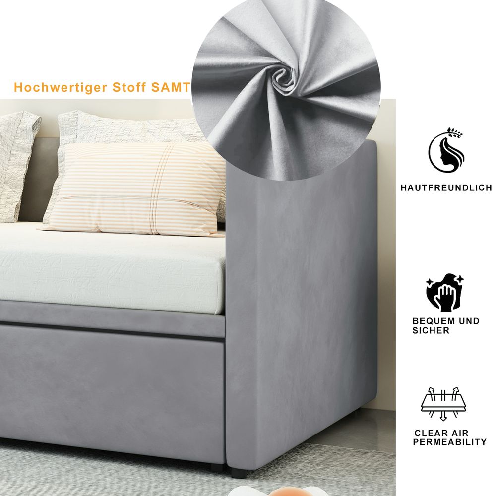 okwish Polsterbett 90/180*200 cm, multifunktionales Ausziehsofa mit Lattenrost, aus hautfreundlichem Samtstoff, Dunkelgrau