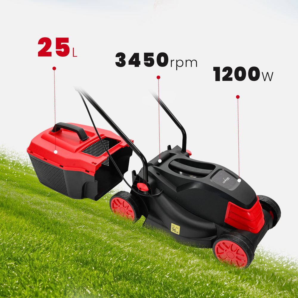 Kosiarka elektryczna Lehmann LGALM-1232B lekka, mała, mocna z regulacją wysokości koszenia, duży kosz 25l, 1200W