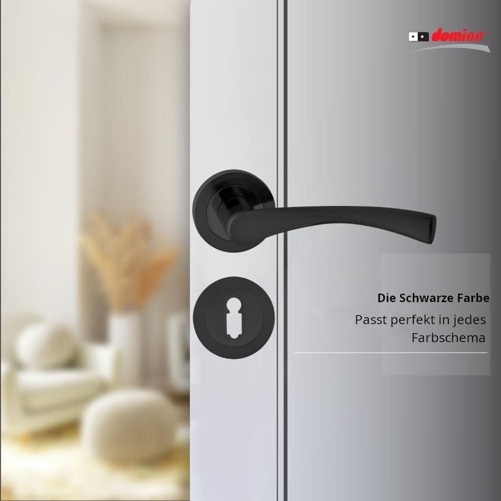 DOMINO Türgriff Drückergarnitur BB-Buntbart Set | Rund BB Rosette | Türklinke für Zimmertür, Bürotür, Kellertür & Innentür | Türbeschläge aus Aluminium | Schwarz Türdrückergarnitur | ROMANA-R BLACK
