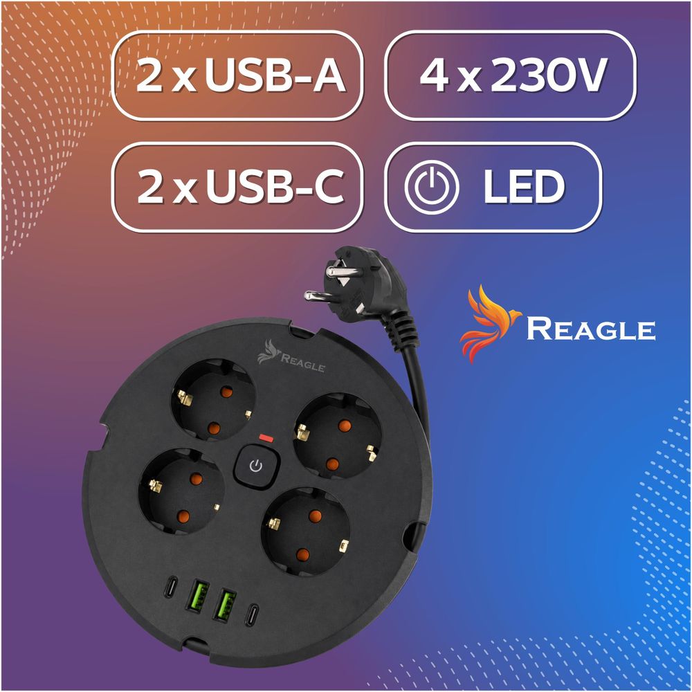 Mehrfachsteckdose mit USB C 2m Steckdosenleiste Reagle 4-fach Verteilersteckdose Überspannungsschutz 230V Verlängerungskabel Tischsteckdose Schwarz