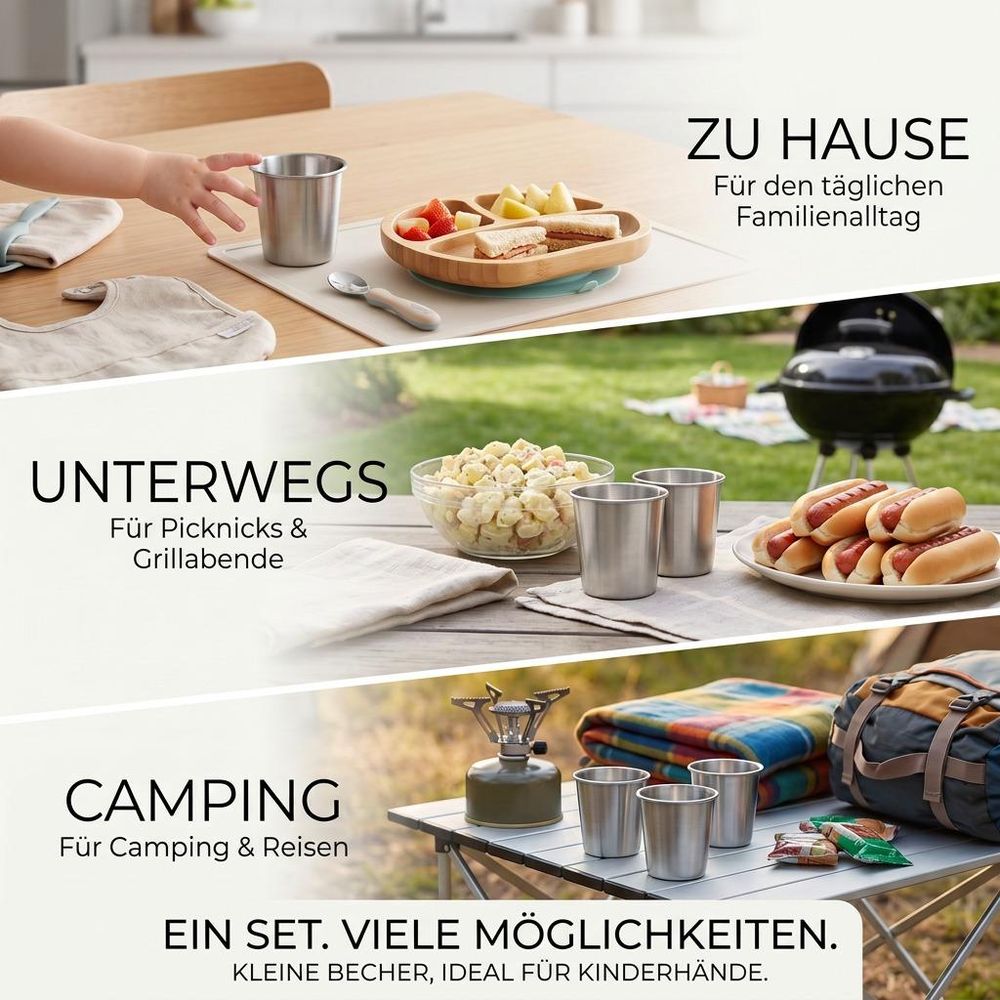 Kleine Edelstahlbecher bei einer Grillrunde im Garten