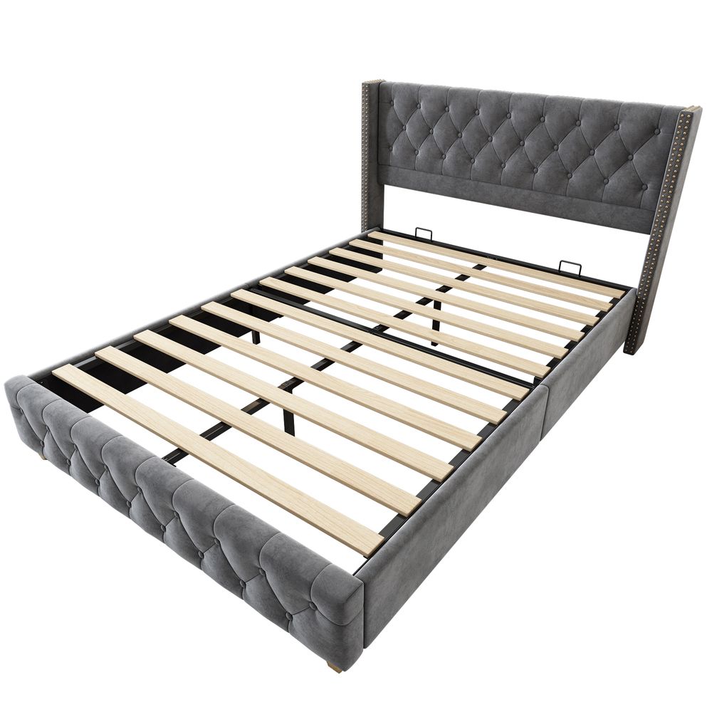 okwish Polsterbett 140×190cm Bettgestell Jugendbett mit Lattenrost & Kopfteil, Knopfpolsterung, Nietenpolsterung, Samt, Grau,Ohne Matratze