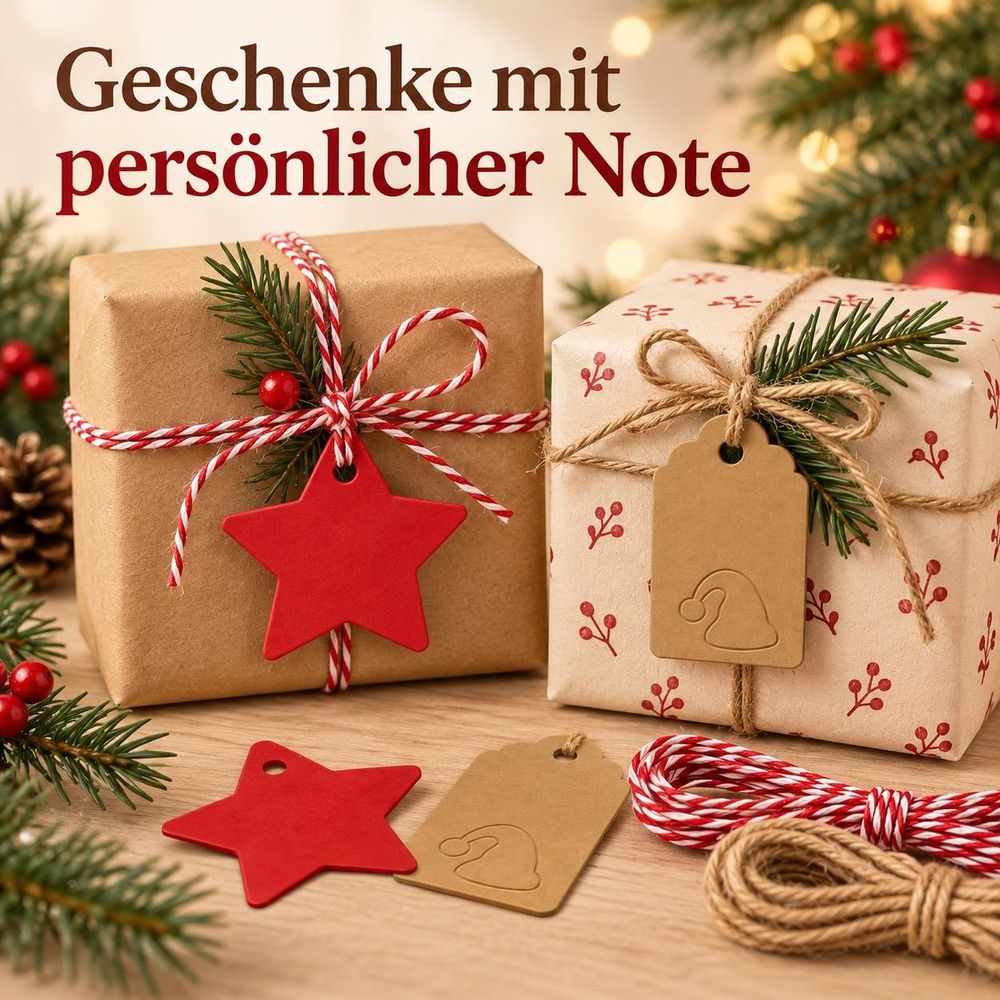 Weihnachtlich verpackte Geschenke mit passenden Anhängern