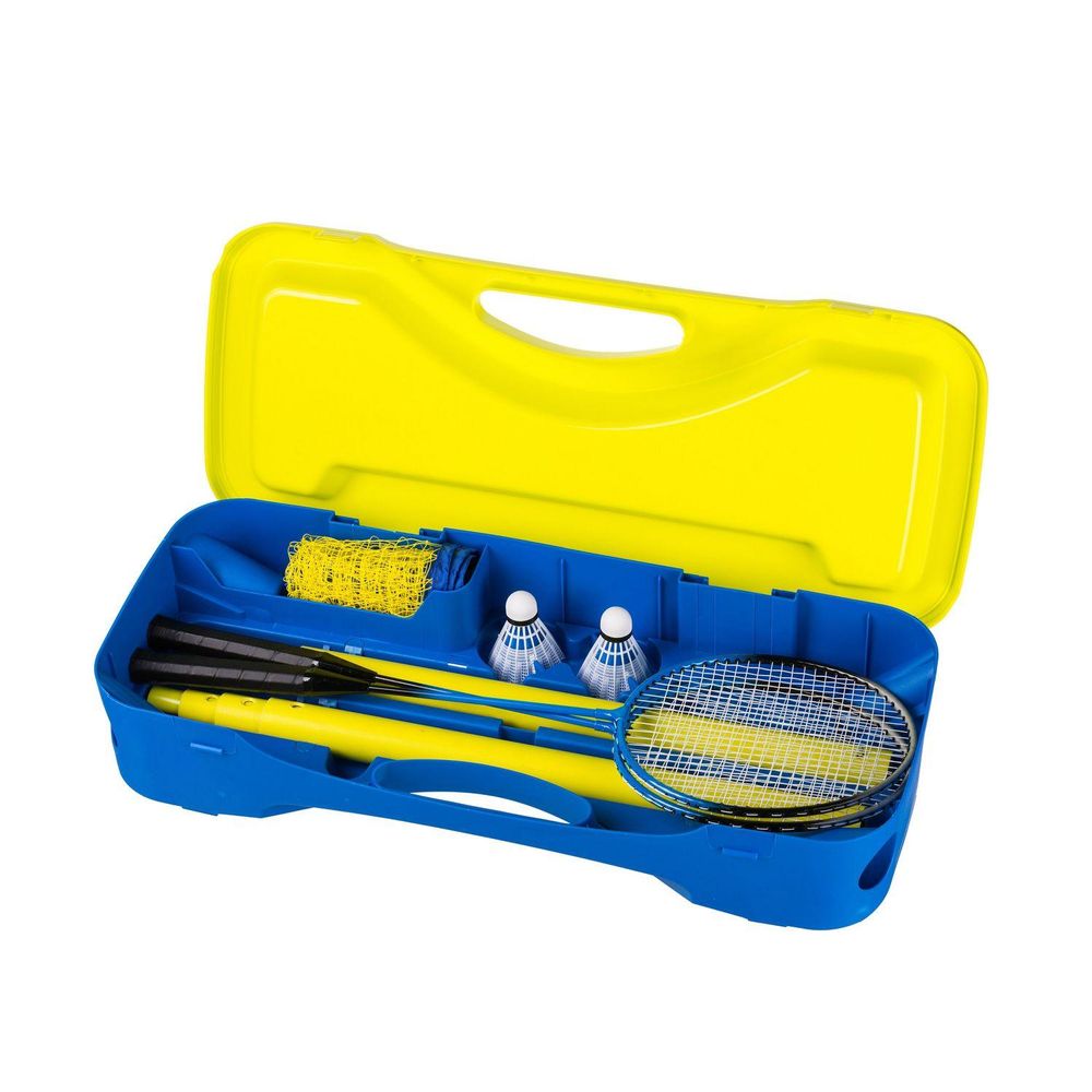 Offenes Badminton-Set in gelb-blauer Box mit Schlägern, Netz und Federbällen