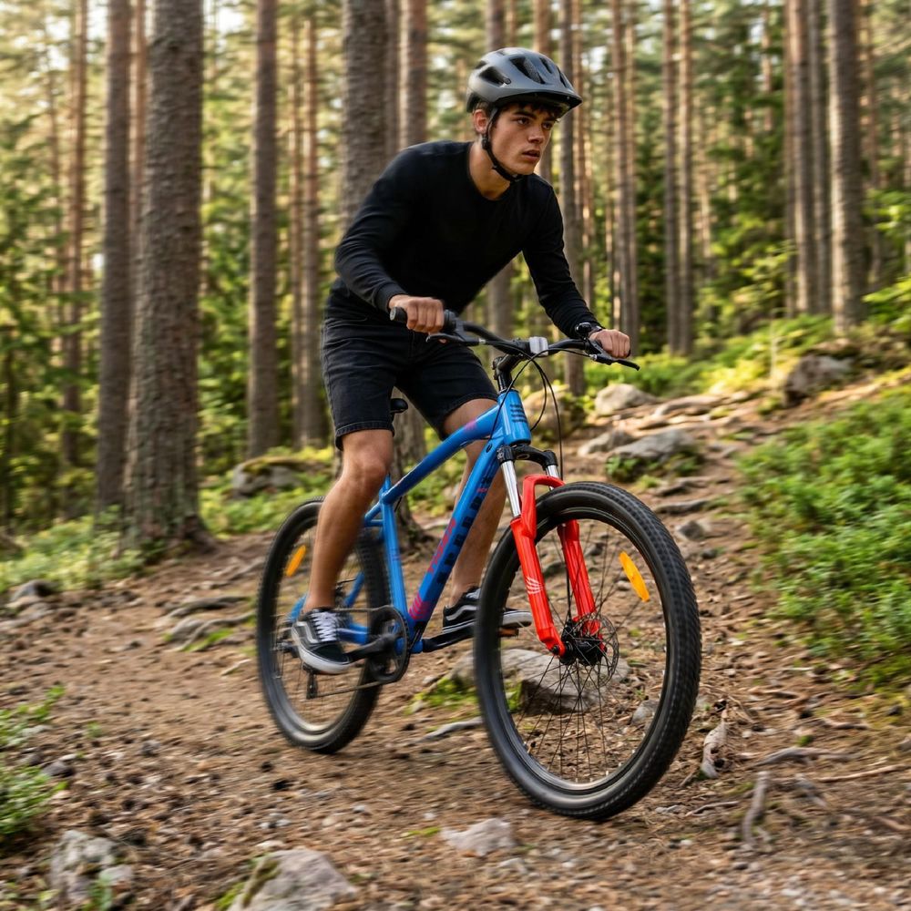 Joven montando la bicicleta SUN BABY MTB en sendero forestal