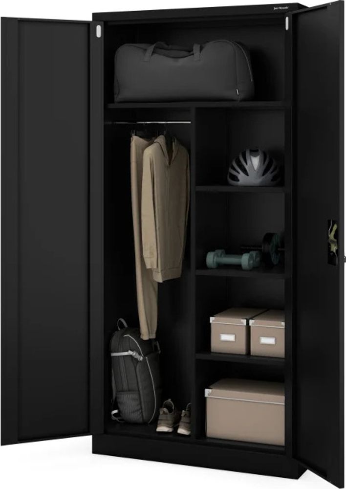 Metallschrank C34 Aktenschrank Aufbewahrungsschrank Umkleideschrank Spind Kleiderstange Pulverbeschichtung Metall Abschließbar 185 cm x 90 cm x 45 cm (Schwarz)