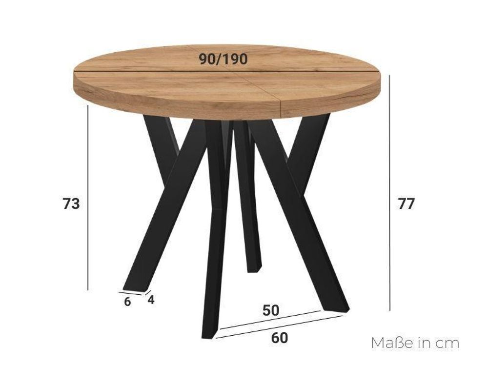 Runder Ausziehbarer Tisch für Esszimmer, PERO, Loft-Stil, Skandinavische, Durchmesser: 90 / 190 cm, Farbe: Eiche Craft Golden