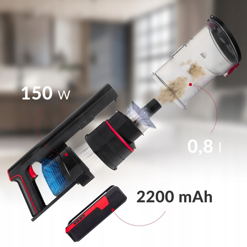 LEHMANN Akkustaubsauger kabellos, 12 kPa, beutellos, HEPA-Filter, LED-Bürste, 3in1 Zubehör, leise, 45 Min Laufzeit, für Tierhaare & Allergiker