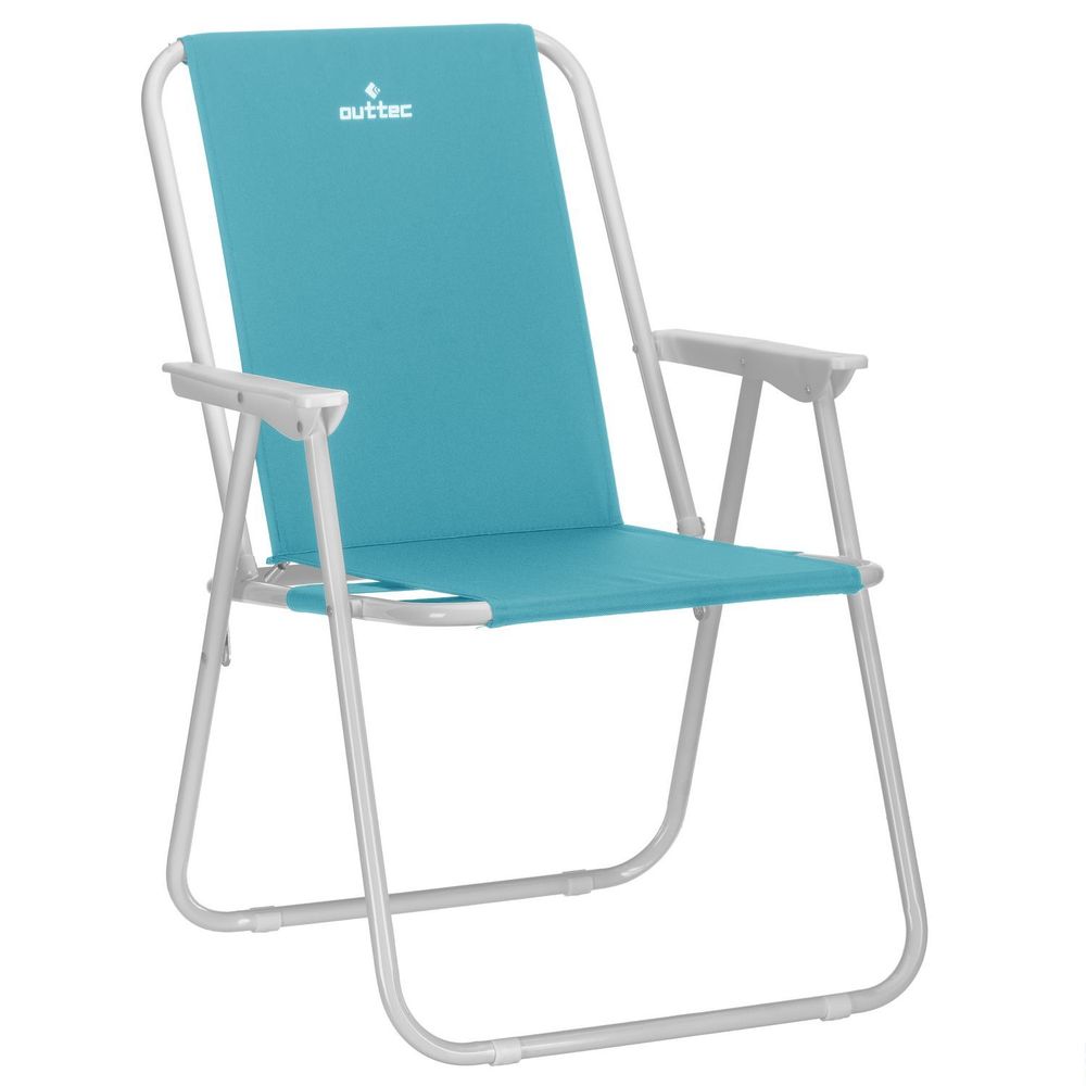 Klappbarer, türkisfarbener Strandstuhl mit Armlehnen.