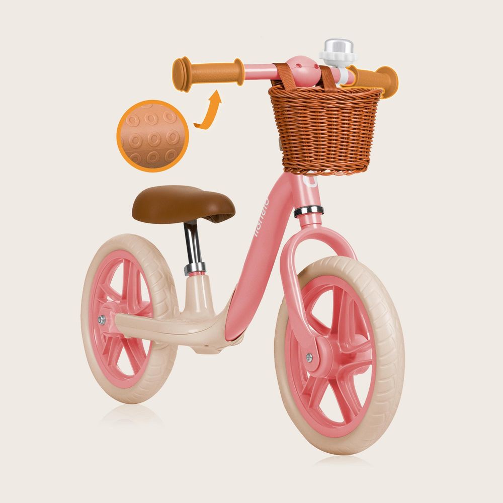 Lionelo Alex Plus Laufrad Kinder Fahrrad bis 30 kg Sattel und Lenker einstellbar 12 Zoll Eva Schaumräder Korb und Glocke Rosa
