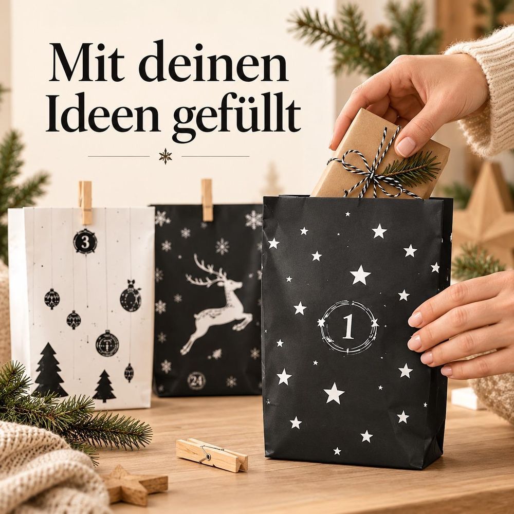 Hände befüllen eine schwarze Papiertüte mit einem verpackten Geschenk