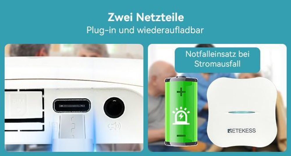 Retekess TH011-TH013 WiFi Smart Notrufknopf für Senioren, SOS Notrufknopf für Senioren Auf Handy, Zwei Mainframe Netzteile, Mobiler APP Empfang