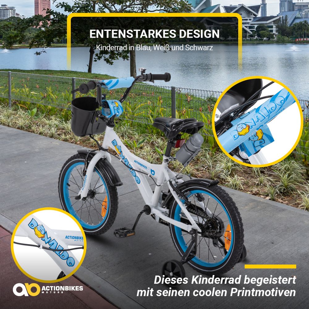 Actionbikes Kinderfahrrad Donaldo 16 Zoll | Kinder Fahrrad - V-Brake Bremsen - Kettenschutz - Fahrradständer - Fahrradkorb - 4-7 Jahre (Blau/Weiß)