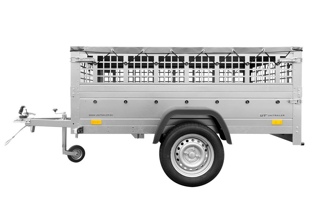 Car trailer GARDEN TRAILER 201 TIPP with mesh side extensions, support wheel and flat tarpaulin
