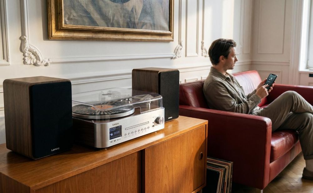 Lenco MC-860WDSI – HiFi-Stereoanlage mit Plattenspieler und Lautsprechern – Internetradio, DAB+, UKW, Bluetooth®, CD-/MP3-Player – Holz/Silber