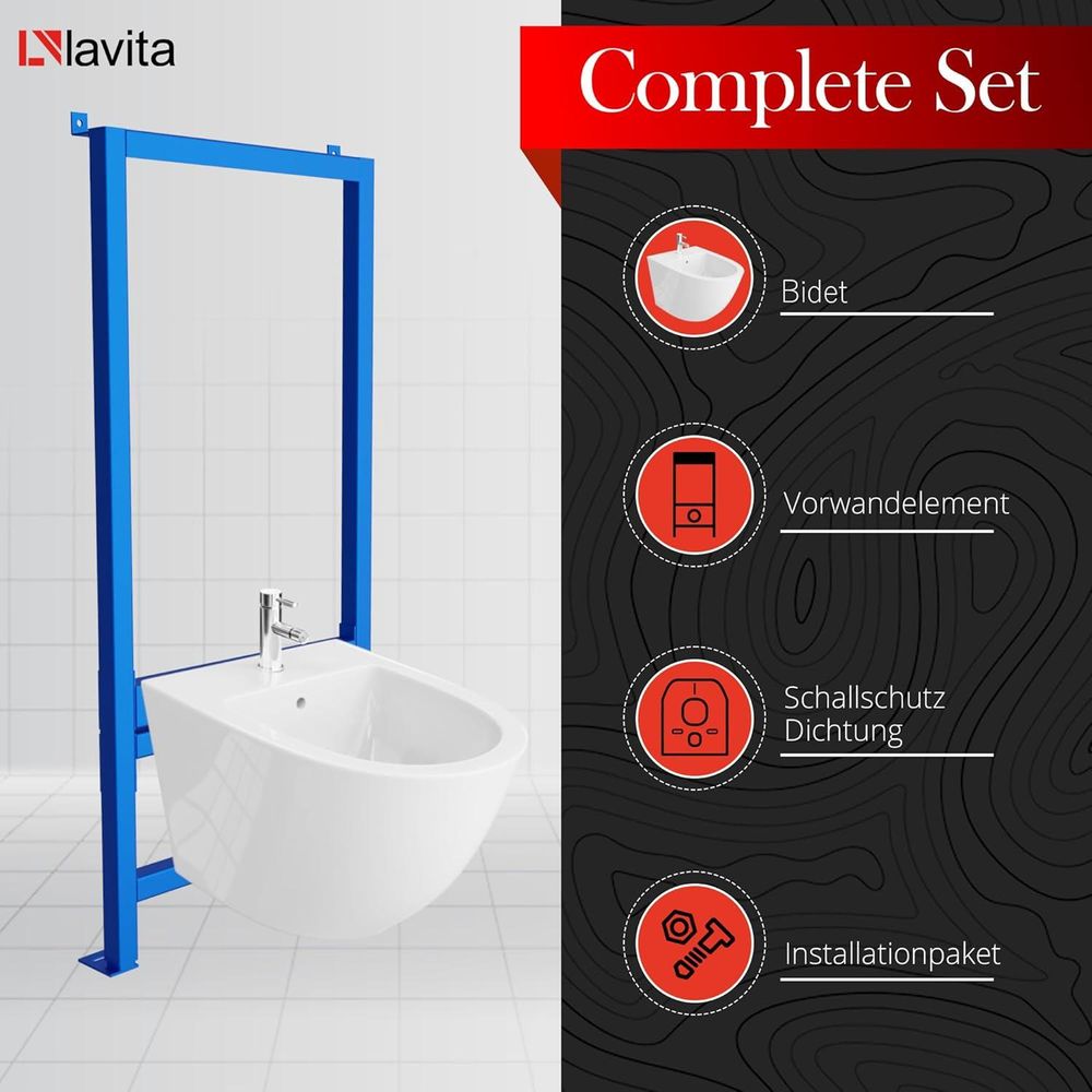LAVITA Vorwandelement für Bidet LAV 500 + Wand-Bidet Sofi Komplettset | Wand-Hänge Bidet mit Hahnloch und Überlaufschutz aus Keramik | WC Toilette | Hygienisch und Pflegeleicht | 36,5x49x32,5 cm
