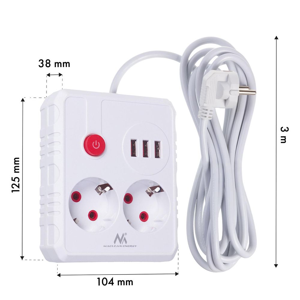 Maclean Steckdosenleiste Verlängerungskabel 2 Steckdosen + 3xUSB 110-240V AC 50/60Hz 2,1A max 2500W 3 m weiß MCE388 W