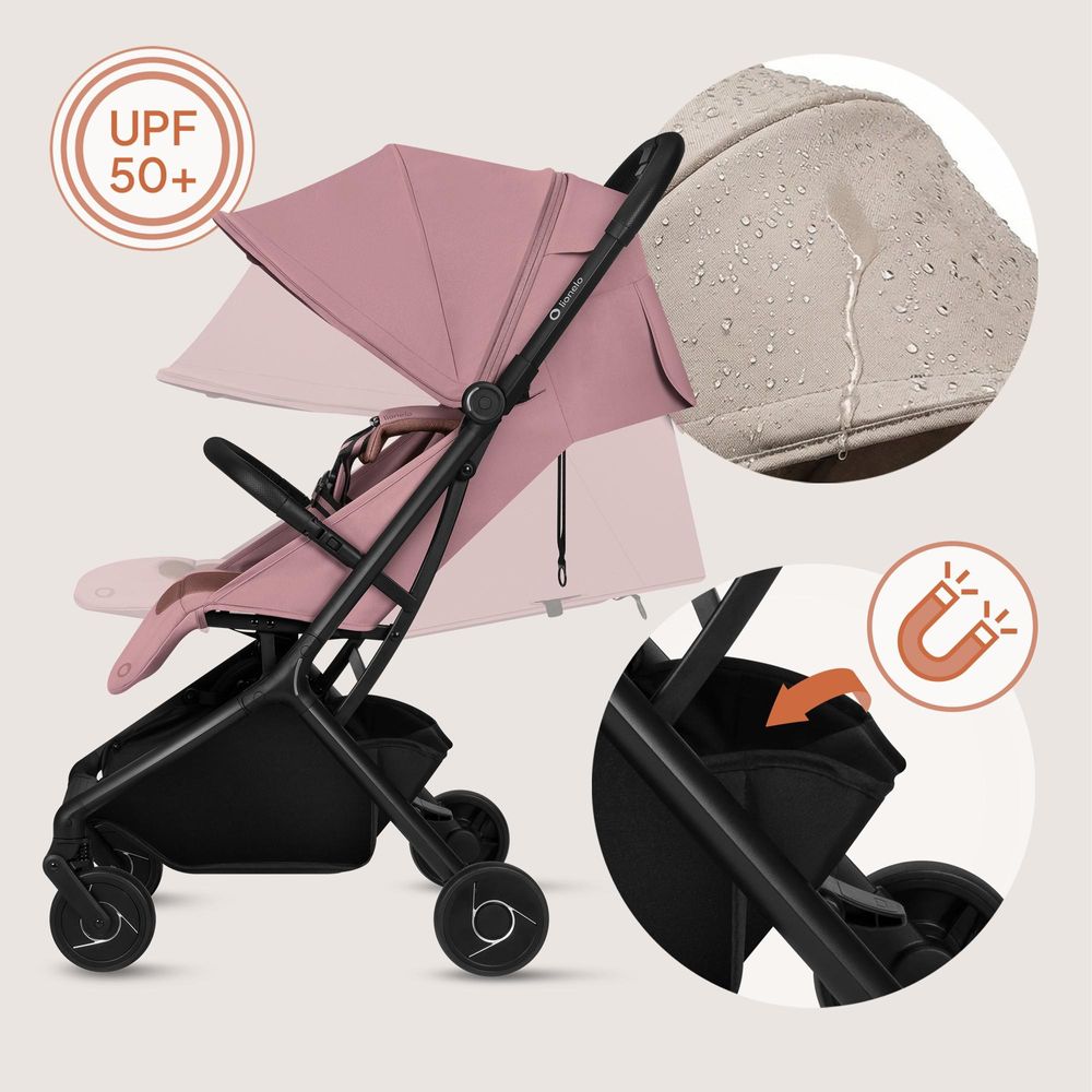 Lionelo Sia Buggy ultraleicht 5,9 kg, kompakt klappbar 18x51x49 cm, Einhand-Faltung, UPF50+, ER-Räder, Dri-Seat, Zubehör-Set - Rosa