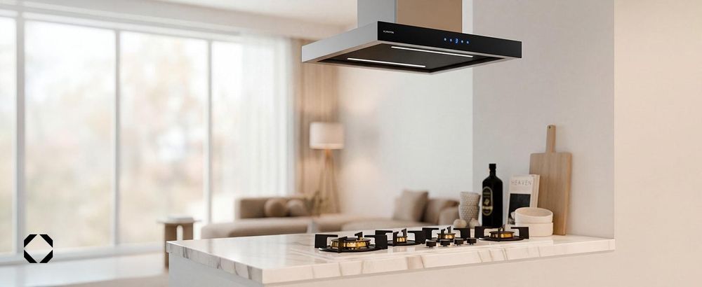 Klarstein Valeria Inselabzugshaube - Dunstabzugshaube, Inselhaube, 230W, max.650 m³/h, 3 Leistungsstufen, LED-Beleuchtung, Touch-Panel, Glas, Edelstahl, sparsam, PureAmbience Concept, silber