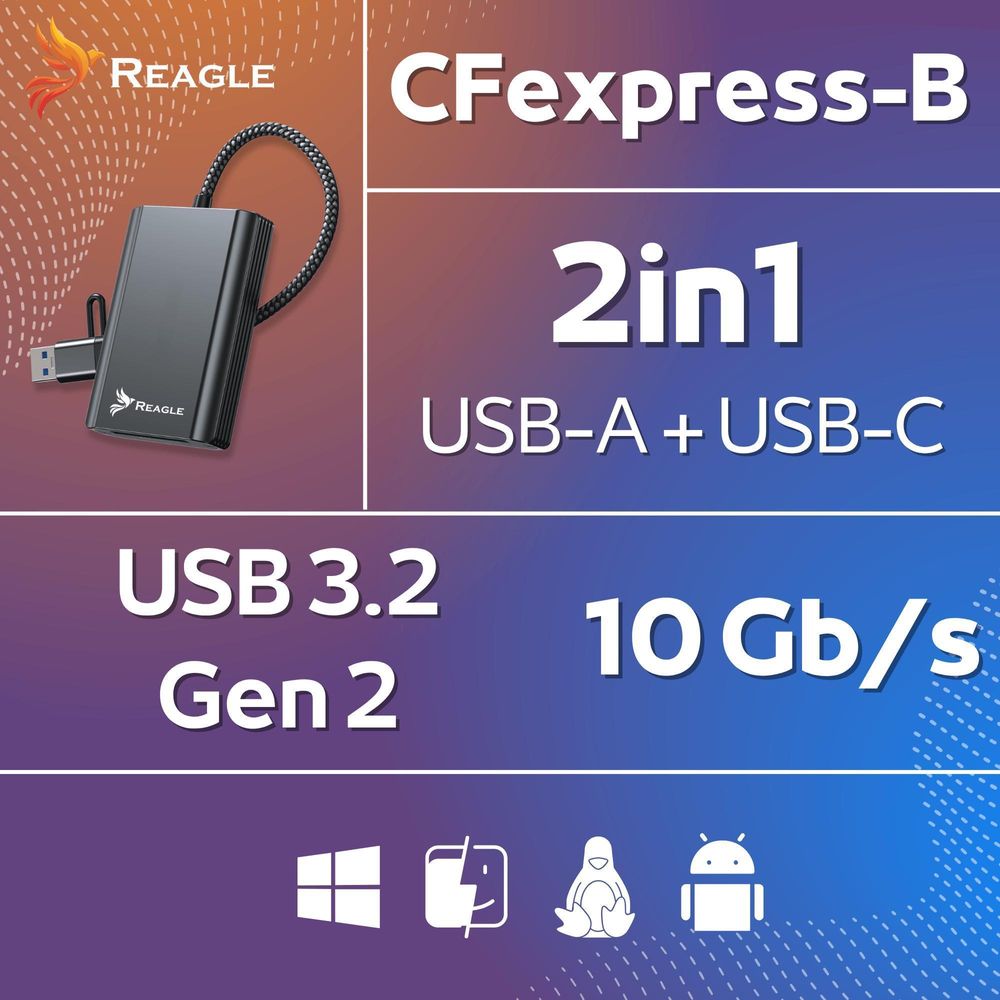 Kartenlesegeräte CFexpress Typ B ,USB 3.2 Gen 2 10 Gbit/s 2in1 USB-C USB-A für Speicherkarten bis 2 TB Kartenleser Aluminiumgehäuse, REAGLE