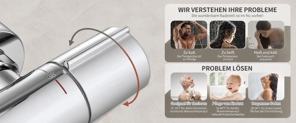 Duscharmatur mit Thermostat Chrom Mischbatterie Dusche mit 38°C Sicherheitstaste Duschthermostat Armatur Edelstahl Duscharmaturen Brausethermostat