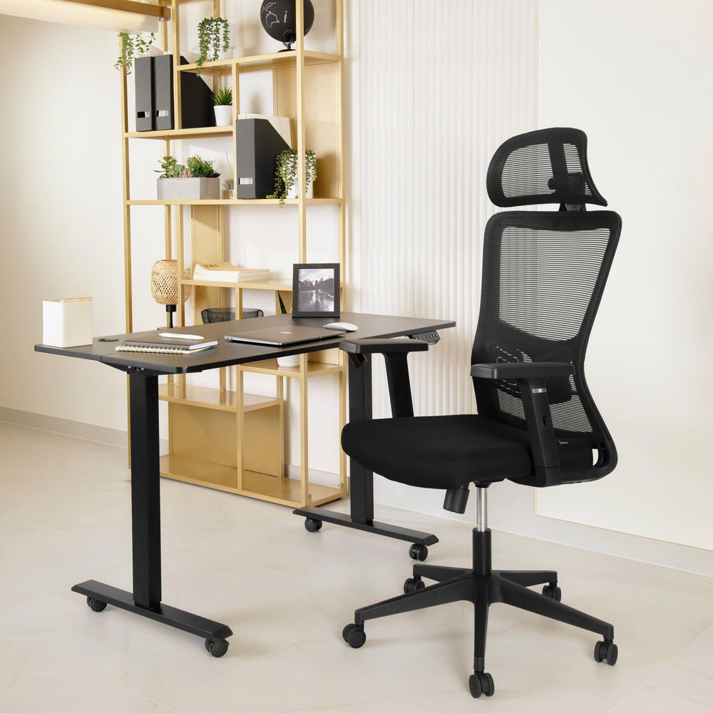 di volio Bürostuhl Piozano – ergonomischer Office Stuhl mit 2D Kopfstütze & 3D Lendenstütze, leise PolyurethanRollen, schwarz