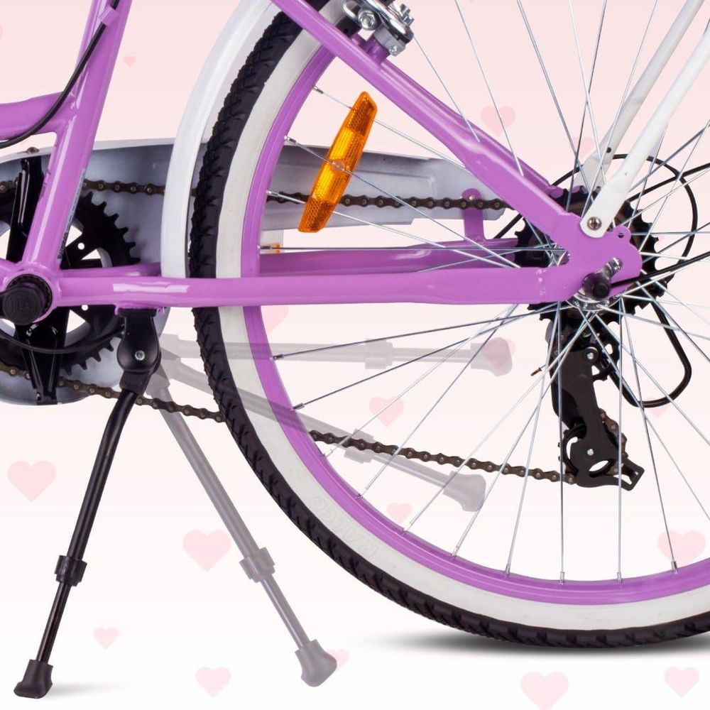 Detalle de la pata de apoyo y rueda trasera de la bicicleta