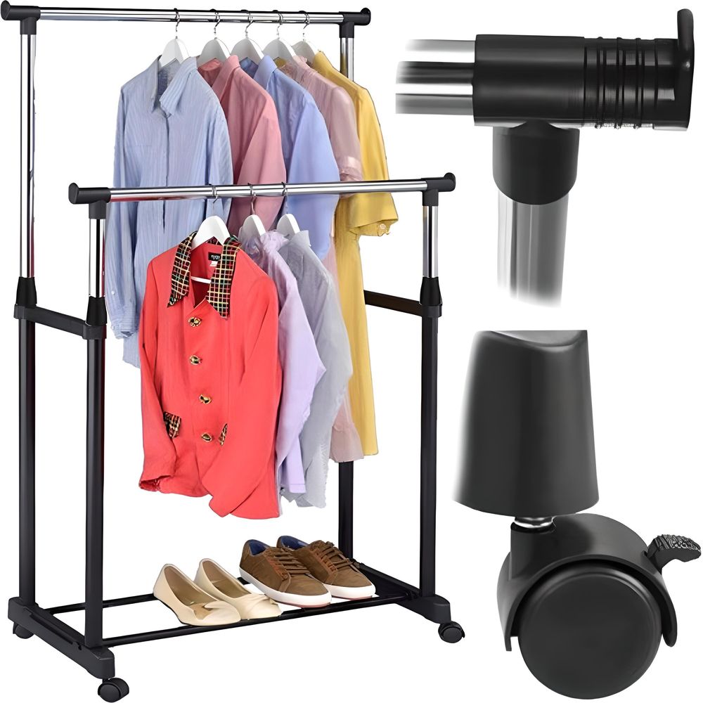 Garderobenständer Kleiderständer aus Metall mit 2 Kleiderstangen Kleiderstange Flur Schlafzimmer Garderobenstange mit Schuhregal einfach Montage Retoo