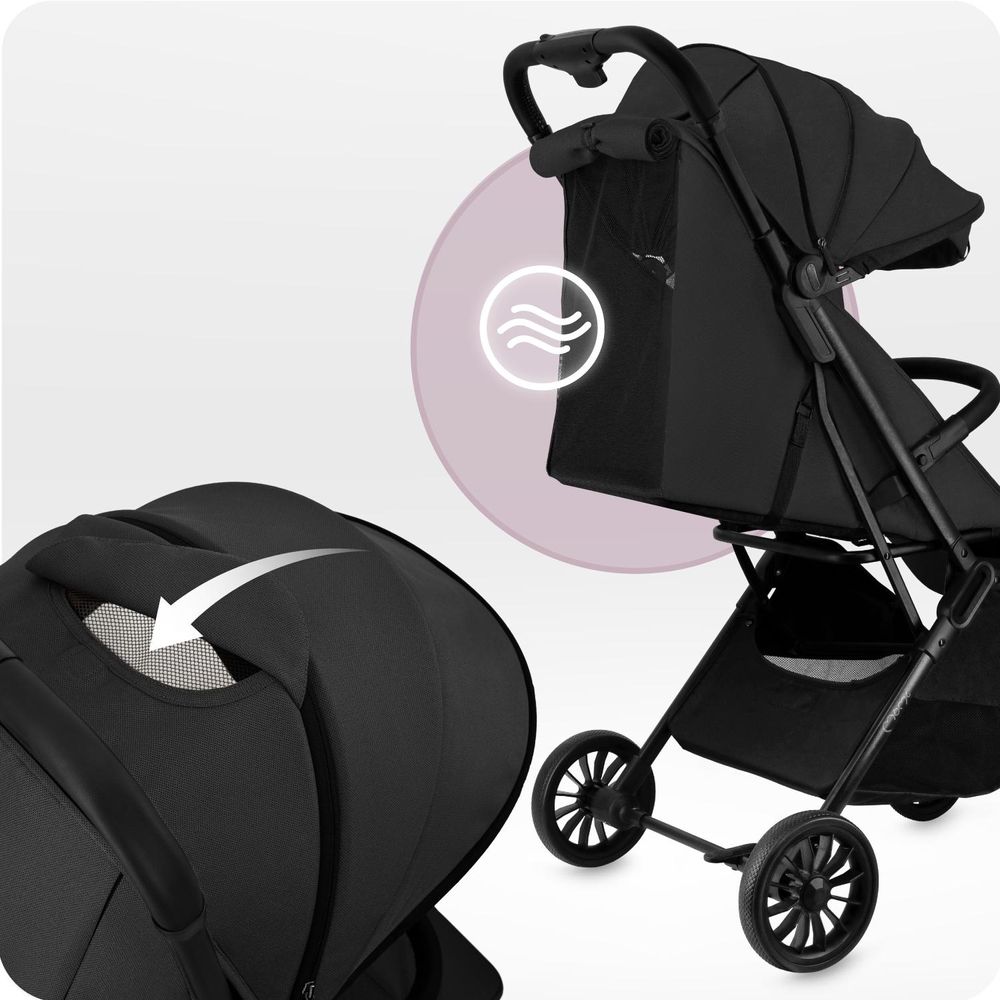 MoMi ANDREA – Ultraleichter Baby Kompaktbuggy 7,3 kg mit automatischer Faltung & Drehbügel, bis 22 kg, inkl. Rucksack & Zubehörset – Schwarz