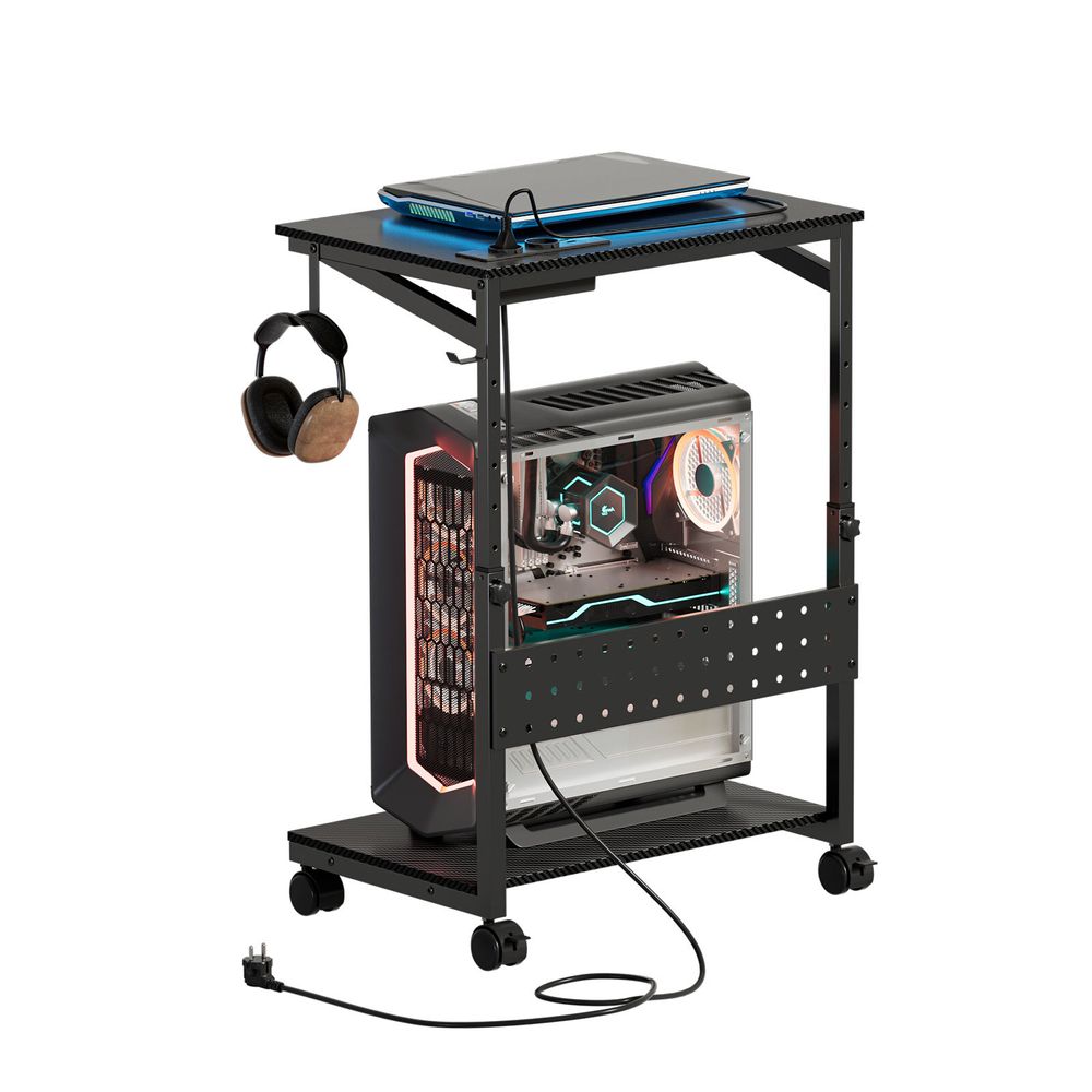 Höhenverstellbarer Computer Tower Ständer, Gehäuse CPU Halter PC Ständer mit Rollen&Ladestation, PC Wagen Drucker Cart, Laptoptisch Beistelltisch