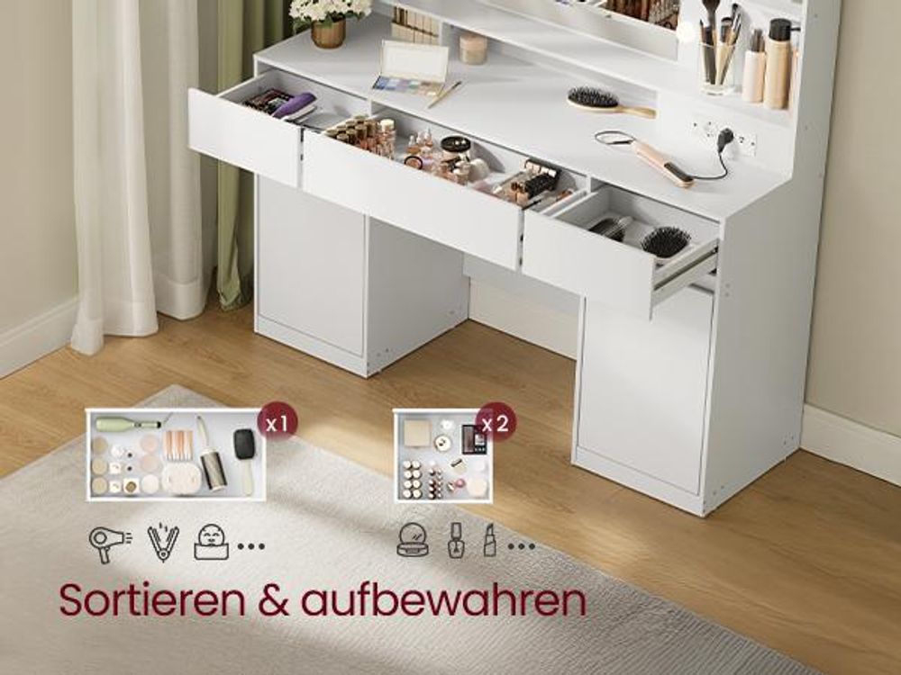 VASAGLE Schminktisch mit Steckdosenleiste, 2 Schränke, Glühbirnen, 3 Lichtfarben, werkzeuglose Gleitschienen