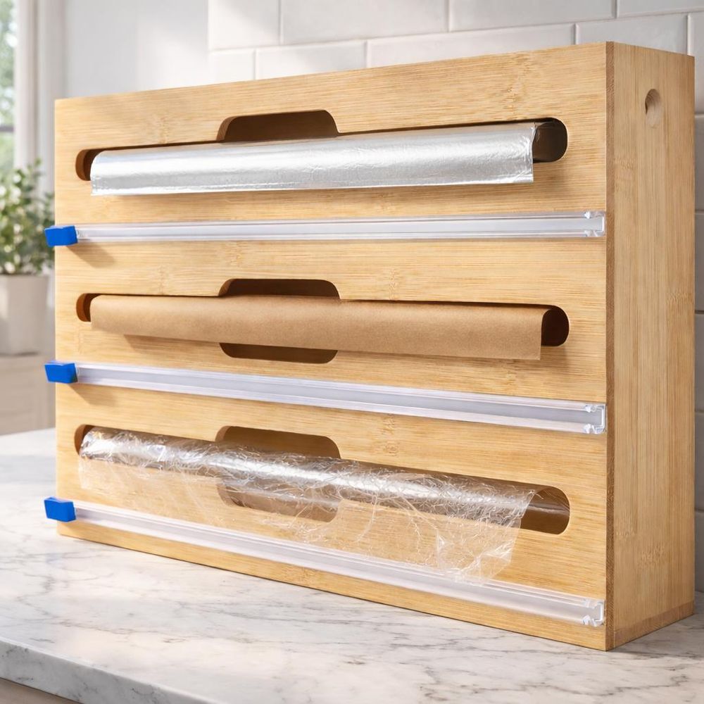 WELLHAUS Bambusbehälter mit Spender für Aluminiumfolie, Lebensmittelpapier