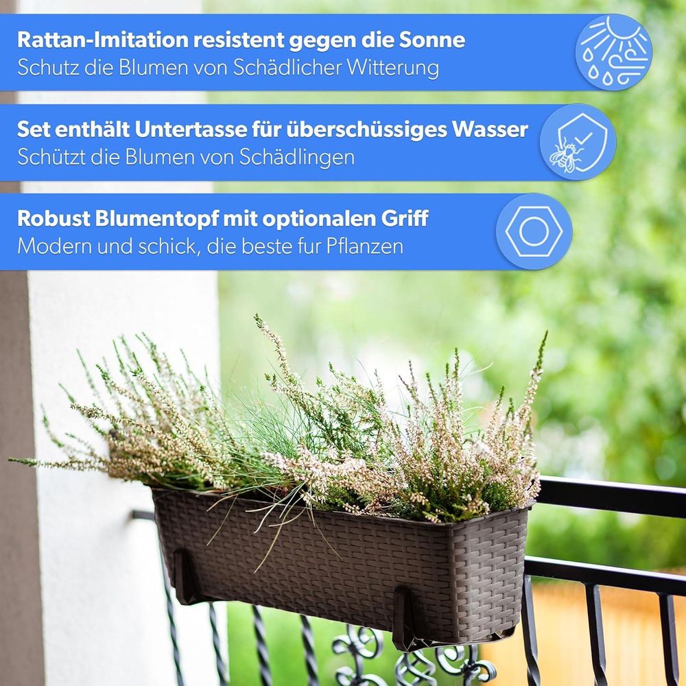 KADAX Balkontopf mit Untersatz "Frette", Balkonkasten mit Wasser Öffnungen, 60cm, Braun