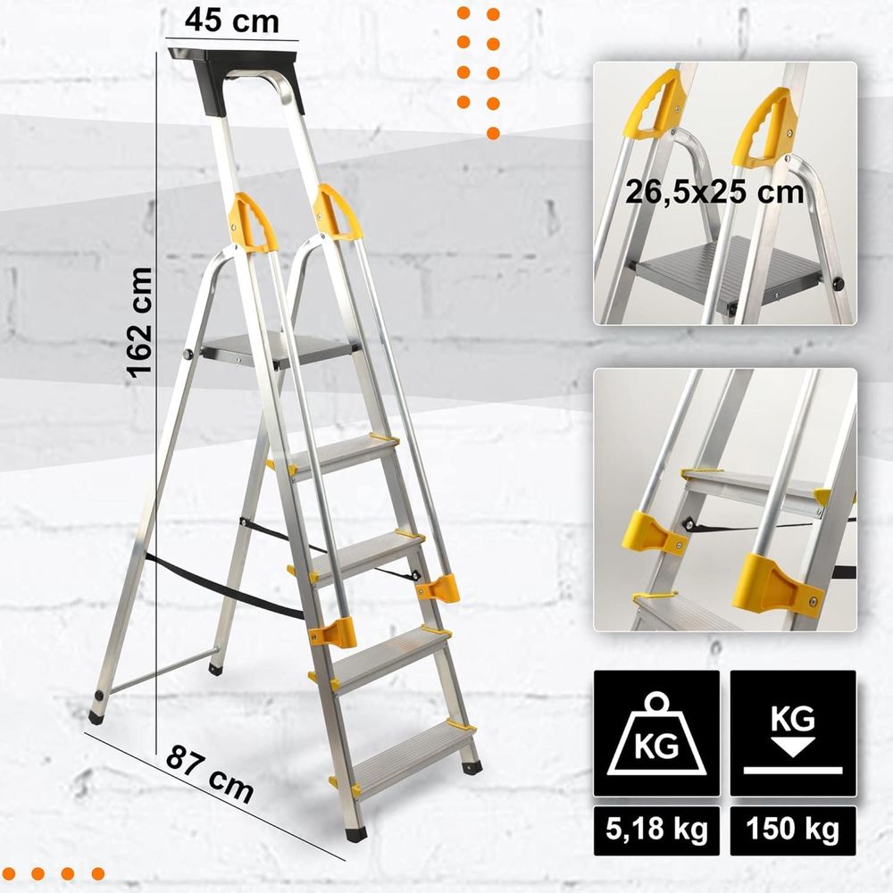 KADAX Alu-Leiter, "Bykle", 162 cm, Leiter mit Handlauf, 5 Stufen