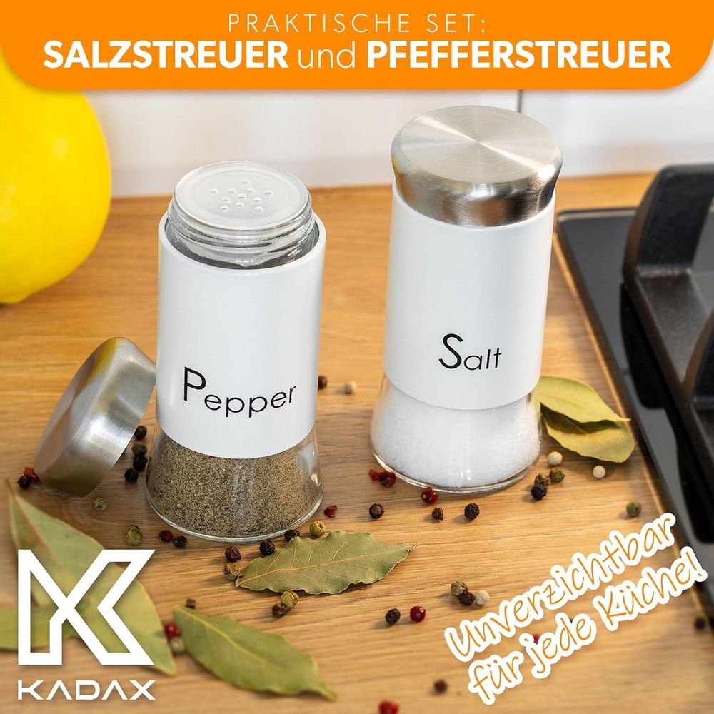 KADAX Salz-und Pfefferstreuer "Force", aus Glas und Edelstahl, Gewürzstreuer Set, Gewürzgläser, Weiß, 150 ml