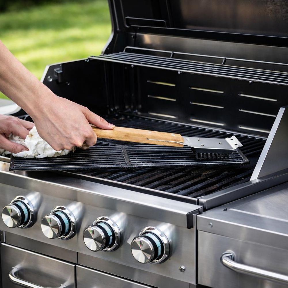 WELLHAUS Grillreinigungsbürste mit Griff Edelstahl Holz Grillbürste für Grillrost BBQ Reinigungsbürste mit Ersatzbürste