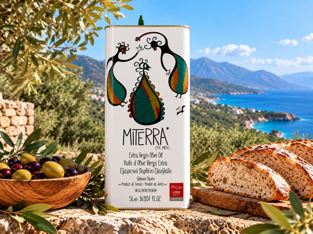 Miterra Olivenöl Extra Nativ 5 L Kanister mit Oliven und Brot vor Meerblick