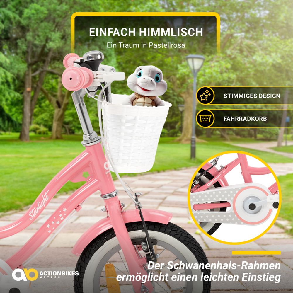 Actionbikes Kinderfahrrad Starlight 12 Zoll | Kinder Fahrrad - V-Brake Bremsen - Kettenschutz - Fahrradständer - 2-5 Jahre (Rosa)