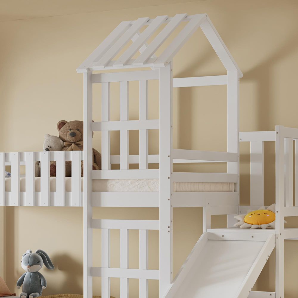 Flieks Kinderbett Hausbett 90x200cm mit Rutsche, Etagenbett mit Schubladen und Lattenrost, Kinder Hochbett mit Leiter und Rausfallschutz, Weiß