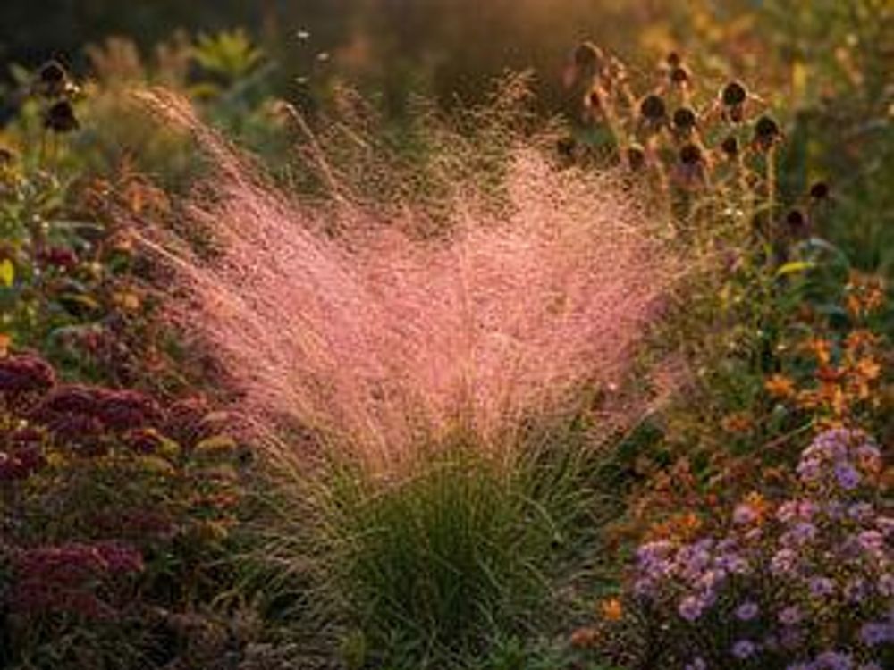 Herbstbeet mit rosa Wolke, Gräser-Bokeh im Gegenlicht