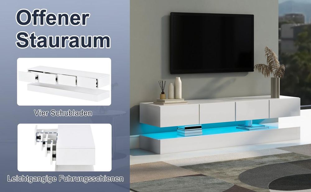 MODFU TV-Lowboard Weiß hochglanz TV-Schränke mit 16-farbiger LED-Beleuchtung,Fernsehtisch für Fernseher bis 55 Zoll, Fernsehbank,MDF,130×33×15 cm