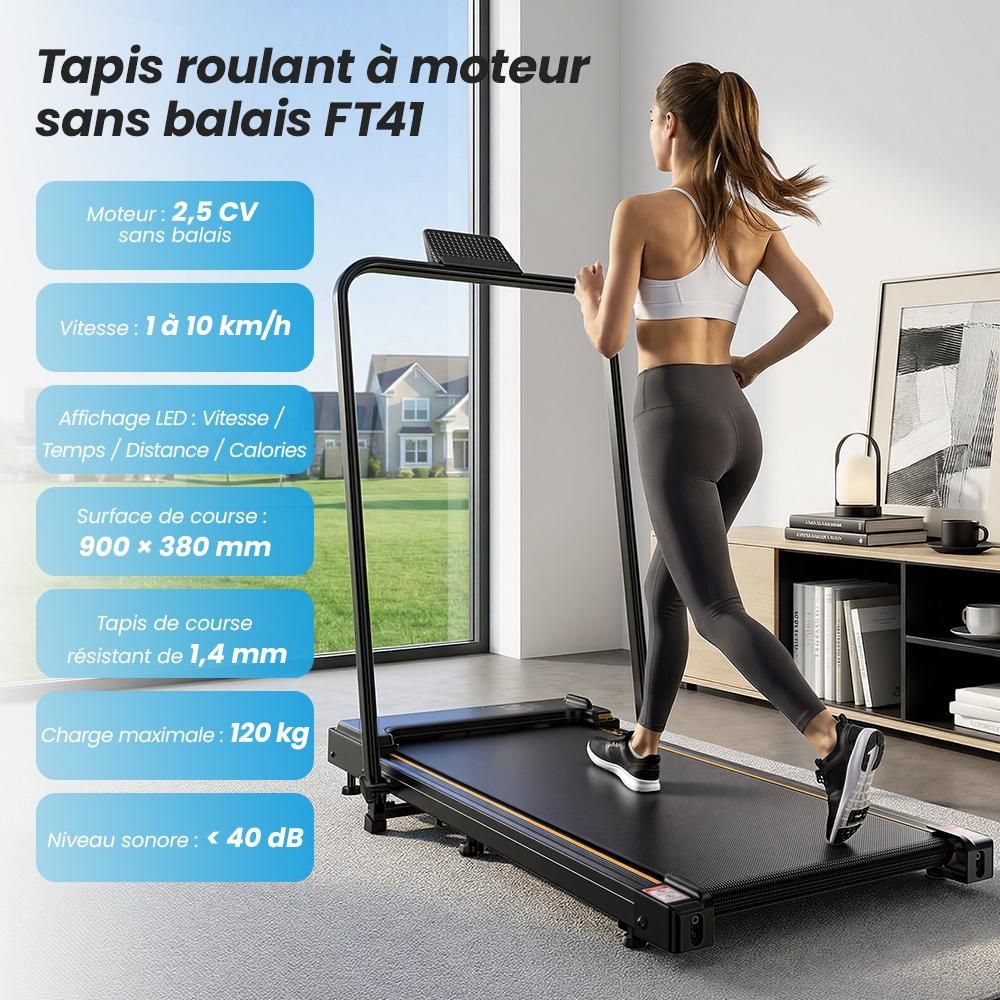 FT41 Tapis roulant 2-en-1,2.5HP, 1-10 km/h, 0-12% inclinaison manuelle, <40 dB,8 amortisseurs en silicone