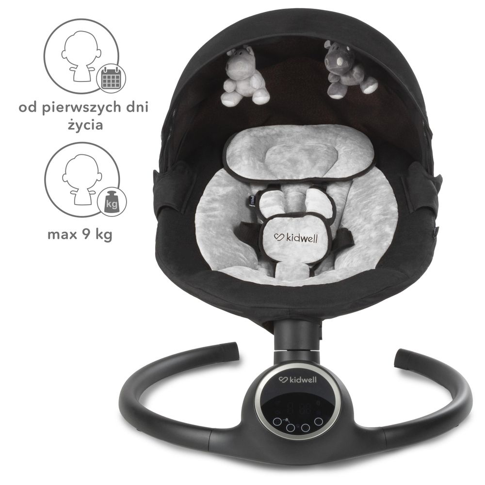 Kidwell REVE Elektrische Babywippe & Babyschaukel – Schaukel mit App-Steuerung, Bluetooth, Timer, Spielbogen & Moskitonetz (Black/Silver)
