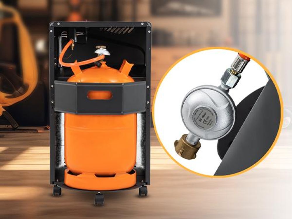 Heidenfeld Gasofen Inferno GH100 | 1400-4200 Watt - Heizstrahler - Transportrollen - 3 Heizstufen - Kippsensor - ODS-System - Piezo-Zündung