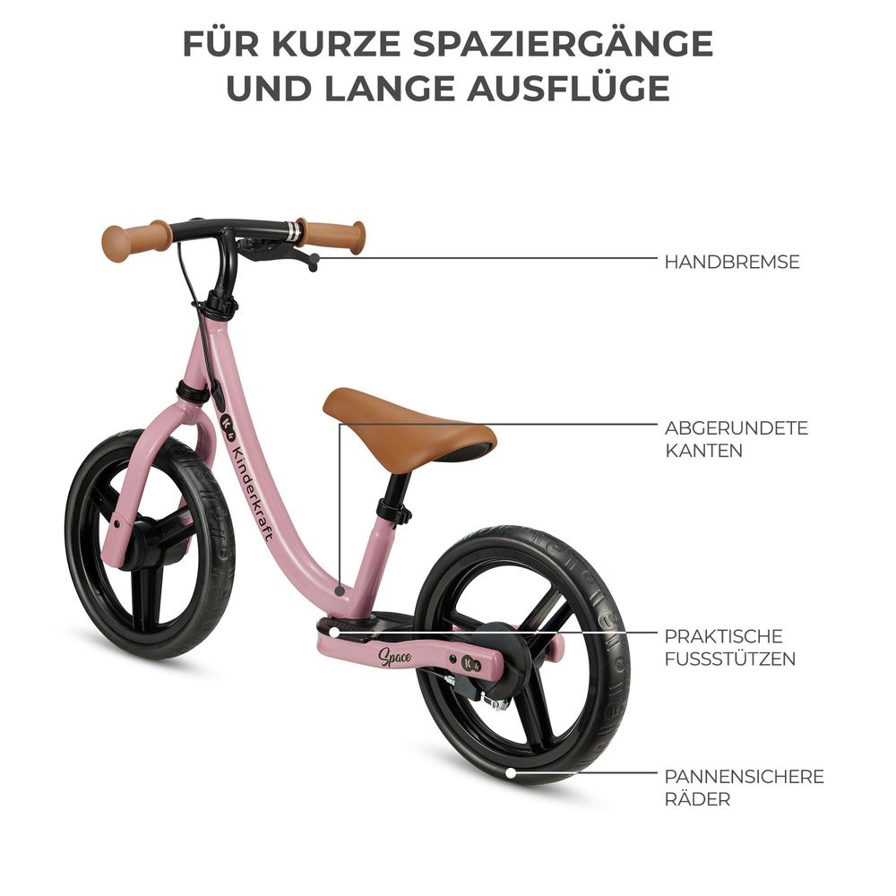 Kinderkraft SPACE Laufrad - Leicht, mit Handbremse - EVA-Schaumstoffräder - Verstellbarer Sattel und Lenker - Für Kinder ab 80 cm - Rosa