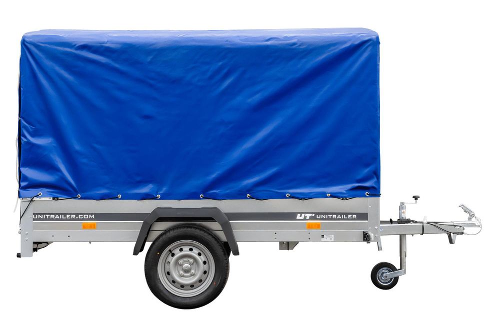 Przyczepka samochodowa 230x125 UNITRAILER GARDEN 230 KIPP ze stelażem H-1100 i pokrowcem niebieskim